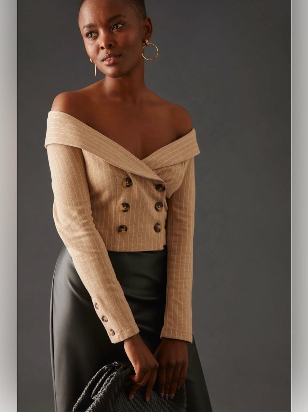 By Anthropologie Off-The-Shoulder Blazer Top tan white pinstripe crop